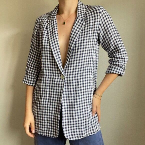 Cynthia Rowley Womens Blue White Checkered Linen Lagenlook Unstructured Blazer S - Picture 1 of 11